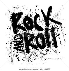 the word rock and roll written in black ink with splats on white background