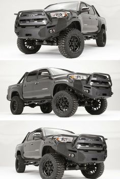 four different views of the front and rear sides of a gray truck with black tires