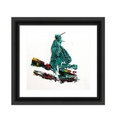 the statue of liberty is standing in front of a white background with black framed art