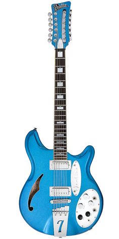 an electric guitar with blue and white paint on it's body, sitting against a white background