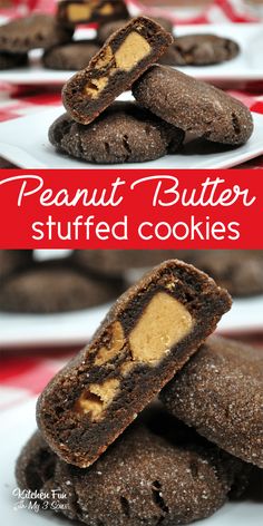 peanut butter stuffed cookies stacked on top of each other with the words, peanut butter stuffed cookies