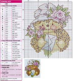 a cross stitch pattern with a teddy bear and flowers on the front, and an image of