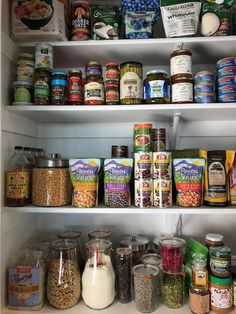 an organized pantry filled with lots of food and condiments, including rice flakes