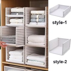 the closet is organized with white baskets and folded linens, while someone holds their hand out for them