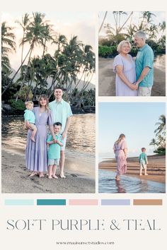 the family is posing for pictures on the beach with palm trees in the background and text that reads, soft purple & teal