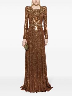 Glamorous Long Sleeve Gold Gown, Glamorous Gold Long Sleeve Gown, Gold Long Sleeve Gown For Reception, Gold Sequined Long Sleeve Gown, Long Sleeve Evening Gown For Fall, Gold Long Sleeve Sequined Gown, Luxury Long Sleeve Gold Gown, Luxury Gold Gown With Long Sleeves, Fall Wedding Embellished Evening Dress