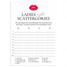 Ladies Night Scattergories Game Printable by LittleSizzle Ladies Night Games Free Printable, Girls Night Activities, Ladies Night Games, Scattergories Game, Girls Night Games, Ladies Night Party, Christmas Place Cards, Girls Night In, New Year Goals