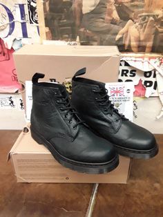 These are a rarer version of a Dr Martens 6 hole boot. They are finished in a beautiful looking leather.  Its soft too feel and has a nice crinkle finish. The leather is a natural black colour and has a darker sole unit and black stitched welt to complete its look. We have a few pairs available in SIZES 6-11. Don't miss out.  Once these are sold they are gone forever. Casual Combat Boots With Leather Lining, Leather Grunge Ankle-high Combat Boots, Grunge Ankle-high Leather Combat Boots, Grunge High Ankle Leather Boots, Casual Lace-up Combat Boots With Leather Lining, Leather Lace-up Boots For Streetwear In Grunge Style, Grunge Leather Lace-up Boots For Streetwear, Grunge Leather Boots For Streetwear, Dr Martens Mary Jane