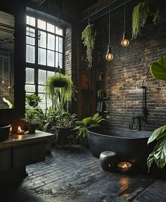 a bath tub sitting in the middle of a bathroom next to a sink and window