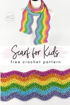 the crochet scarf for kids is shown with text overlay that says, free crochet pattern