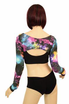 "This item is made to order, please read all the way through the listing before purchasing! Gorgeous UV GLOW Galaxy print sleeves to layer over your crop tops. Four way stretch lycra spandex in a beautiful galaxy print that glow under black light! Long straight skinny sleeves. We can create these in any color or print shown in the shop. If you do not see what you want, please ask! Womens Sizing (See below for instructions on where measurements should be taken) XXS: Bust 29\"-30\" / Waist 22\"-23 Fitted Scoop Neck Crop Top For Yoga, Fitted Crop Top With Thumbholes For Yoga, Fitted Multicolor Crop Top Tank, Fitted Crop Top With Thumbholes For Workout, Stretch Rave Crop Top, Fitted Multicolor Tops With Built-in Bra, Fitted Black Rave Tops, Multicolor Fitted Cropped Top, Fitted Multicolor Top With Built-in Bra