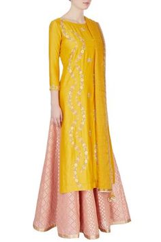 Amp up your traditional dressing style in this yellow kurta that is accented with gota thread motif embroidery. It comes with a banarasi chanderi lehenga and yellow tissue silk dupatta for the complete look. - Aza Fashions Yellow Kurta For Diwali Reception, Yellow Embroidered Kurta For Reception, Traditional Yellow Palazzo Set With Dori Work, Festive Yellow Kurta For Reception, Yellow Cutdana Salwar Kameez For Reception, Yellow Kurta For Eid Reception, Yellow Kurta With Dupatta For Reception, Yellow Kurta With Resham Embroidery For Reception, Fitted Yellow Palazzo Set With Straight Kurta