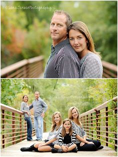 a family posing on a bridge in the fall and winter for an outdoor photo session