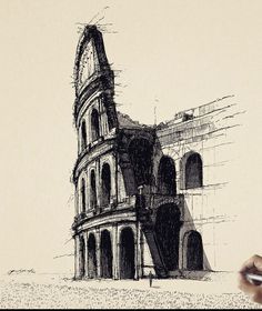 a drawing of an old building with a clock on it