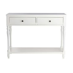 a white console table with two drawers