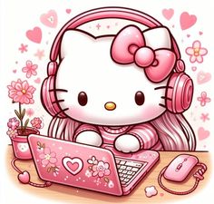 a hello kitty with headphones sitting on top of a laptop