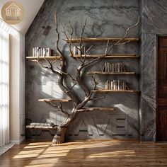 a book shelf with books on it and a tree in the corner next to it