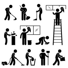 black and white pictograms of people doing different things in the house,