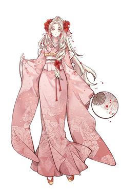 an anime character with long hair wearing a pink dress and holding a fan in her hand