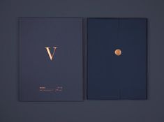 the front and back cover of a book with a gold letter v on it's side