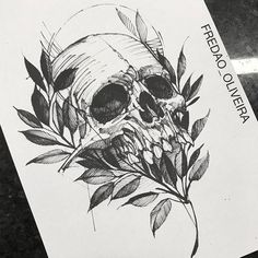 a black and white drawing of a skull with leaves on it's head is shown