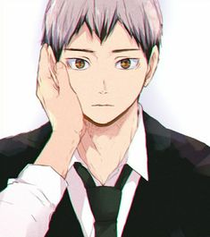 an anime character with blonde hair wearing a black suit and tie, holding his hand to his face