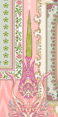 a pink and green wallpaper with ornate designs on the border, in different colors