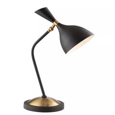 a black and gold desk lamp on a white background