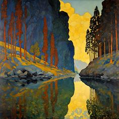 an oil painting of trees and mountains reflected in the water on a sunny day with yellow clouds