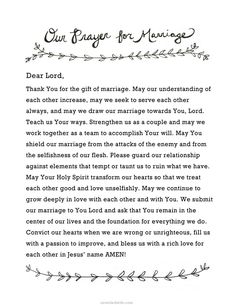 a letter written in black and white with the words our prayer for marriage on it