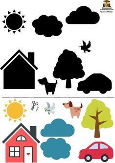 the silhouettes of houses, cars and trees are shown in this graphic art work