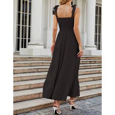 Black Lace-up Spaghetti Straps Pleated Midi Dress Sleeveless Black Maxi Dress With Tie Straps, Black Sleeveless Maxi Dress With Tie Straps, Black Maxi Dress With Tie Straps For Vacation, Casual Black Maxi Dress With Tie Straps, Black Strappy Maxi Dress For Summer, Black Square Neck Sundress Maxi Dress, Pleated Midi Dress, Midi Dresses, Women Dresses