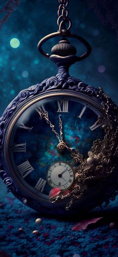 an antique pocket watch with chains hanging from it's sides on a blue background