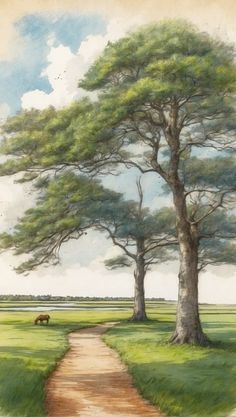 a painting of two trees and a dirt path in the middle of a grassy field