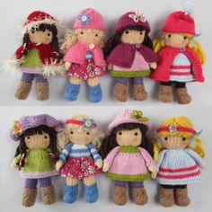 several knitted dolls with different outfits and hats are shown in three separate rows on a white surface