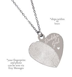 A perfect gift for your special someone. The pendant is engraved with a photo of your choice on one side and a customized design or a quote on the back. Our pendants can be personalized with any photos, pictures, logos, words, quotes and designs. All the jewelry is custom made-to-order, so if you have any questions about making your own design, feel free to contact us. All the pendants can be made into a necklace or a keychain. WE SHIP WITHIN 48 HOURS! In the PERSONALIZATION BOX below you can le Heart Fingerprint, Loss Of Father, Remembrance Necklaces, Fingerprint Necklace, Girl Necklace, Fingerprint Jewelry, Father Gift, Photo Necklace, Memorial Necklace