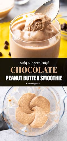 chocolate peanut butter smoothie in a glass bowl with a spoon on the side and text overlay reading only 4 ingredients chocolate peanut butter smoothie