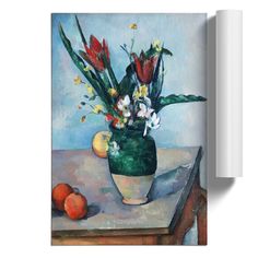 a painting of flowers in a vase on a table with oranges and other items