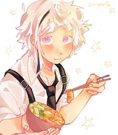 an anime character holding chopsticks and a bowl with food in its hands,