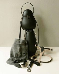 a purse, hat and leash on a table