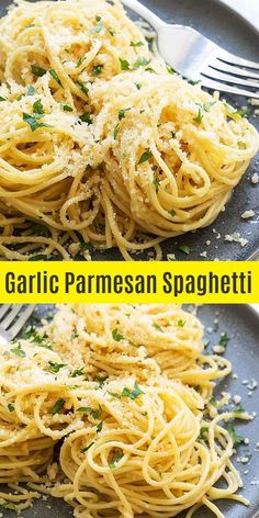 two pictures of spaghetti with garlic parmesan sauce