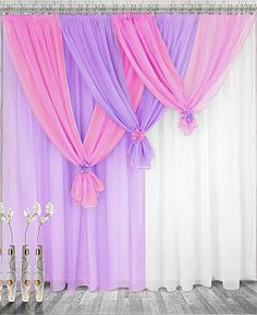 a room with curtains, vases and flowers in front of the window that has pink and purple drapes on it