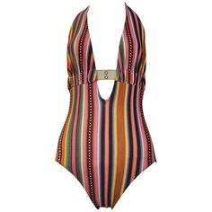 Christian Dior by John Galliano multicolor stripe swimsuit with deep V and grommet cargo straps at bust and across back. Never been worn. Featured on the runway and advertising. Collection SS 2002. Dior By John Galliano, Tortoise Print, Gucci Floral, Vintage Swimwear, Striped Swimsuit, John Galliano, Paco Rabanne, Swim Suit, Tortoise