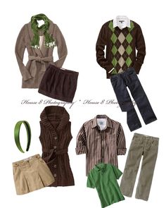 four men's clothing and accessories are arranged in the same image, including sweaters, pants, shirt, tie, hat, scarf, and shoes