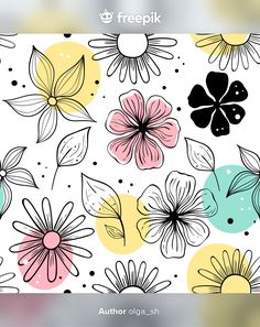 an abstract floral background with black, yellow, and pink flowers on a white background