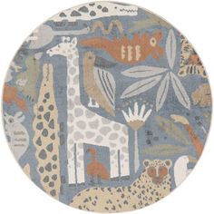 a round rug with various animals and plants on the side, including giraffes