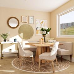 a dining room table with two chairs and a bench in front of a large window