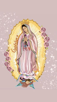 the icon of our lady of guadalupe on a purple background with pink and yellow flowers