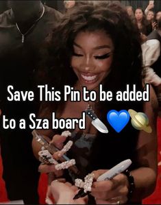 an image of a woman smiling on the red carpet with text saying save this pin to be added to a saa board