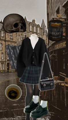 #DarkAcademia #Look #Outfit #Inspo #Skirt #sweater #bag #loafers #docmartens #plaid #edinburgh #fall #autumnoutfit #cozy #warm #coffee #candle Edinburgh Fall, Academia Look, Dark Academia Look, Plaid Skirt Outfit, Dark Academia Style, Skirt Sweater